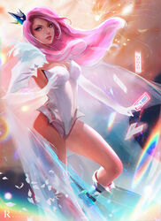  breasts card crown female floating_hair large_breasts lips long_hair original pink_hair red_eyes ross_tran solo thighs 