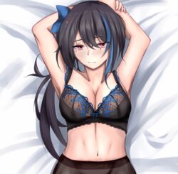  absurdres arms_behind_head black_bra black_hair black_pantyhose blue_bow blush bow bra breasts cleavage closed_mouth collarbone female girls&#039;_frontline hairbow highres jericho_(girls&#039;_frontline) long_hair looking_at_viewer lying medium_breasts mole mole_under_eye multicolored_hair navel on_back pantyhose purple_eyes simple_background solo stomach taishi_karibe underwear 