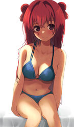  absurdres aged_up akaza_akari bikini blue_bikini blush breasts cleavage closed_mouth collarbone double_bun female hair_bun highres large_breasts long_hair looking_at_viewer navel purple_eyes red_hair simple_background sitting smile solo swimsuit tennosuke_(tejons) wet white_background yuru_yuri 