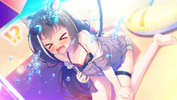  animal_ears barefoot bikini_top black_hair blush bow breasts catgirl cleavage crying garter glasses kyaru long_hair masaki_kei oerba_yun_fang princess_connect! shorts swim_ring tail umbrella water 