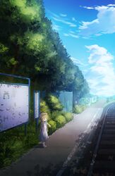  aqua_footwear bad_id bad_pixiv_id bag bagasse blush brown_hair brown_hat bush cloud commentary day dress female fence food grass hat highres holding holding_bag holding_food house joshi_kousei_no_mudazukai long_hair momoi_saku outdoors path popsicle railroad_tracks red_eyes road scenery shoes sign silhouette sky solo standing summer tree very_long_hair white_dress wooden_fence 