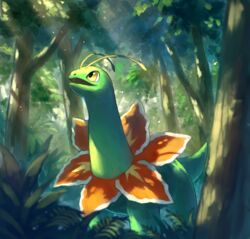  commentary_request forest from_below light_rays looking_up meganium nasuno_posi nature no_humans open_mouth outdoors pokemon pokemon_(creature) solo standing tree yellow_eyes 