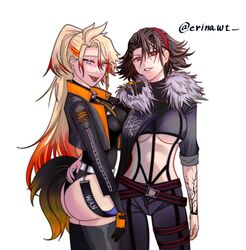  2girls absurdres arm_tattoo ass axel_syrios black_gloves black_jacket black_pants black_shirt blonde_hair blue_eyes breasts collar erinawt fox_tail fur-trimmed_jacket fur_trim genderswap_(mtf) gloves highres holostars holostars_english jacket long_hair multicolored_hair multiple_girls pants red_hair rpr rule_63 scarz shirt short_hair streaked_hair tail tattoo twitter_username underboob virtual_youtuber white_background 