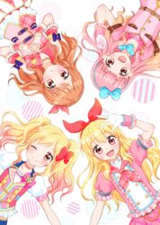  4girls :o ;) aikatsu! aikatsu!_(series) aikatsu_friends! aikatsu_stars! bare_shoulders blonde_hair blue_bow blunt_bangs blush bow bow_choker braid brown_eyes brown_hair circle commentary_request cover cover_page crown_braid detached_sleeves doujin_cover gloves gradient_hair hair_ribbon hairband hairbow hoshimiya_ichigo idol interlocked_fingers jacket jewelry long_hair looking_at_viewer multicolored_hair multiple_girls neckerchief necklace nijino_yume one_eye_closed one_side_up open_mouth orange_hair ozora_akari pearl_necklace pink_bow pink_eyes pink_hair puffy_short_sleeves puffy_sleeves red_bow red_eyes ribbon short_sleeves skirt smile star_(symbol) tiramisu651 twintails waving wrist_cuffs yuki_aine 