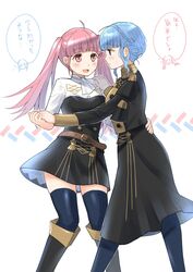  2girls belt blue_hair blue_pantyhose blue_thighhighs boots braid closed_mouth commentary_request crown_braid epaulettes fire_emblem fire_emblem:_three_houses from_side fukuroumori garreg_mach_monastery_uniform highres hilda_valentine_goneril knee_boots long_hair long_sleeves marianne_von_edmund multiple_girls open_mouth pantyhose pink_eyes pink_hair short_sleeves simple_background thighhighs thighhighs_under_boots twintails uniform white_background zettai_ryouiki 