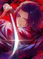  1boy black_hair black_kimono bleeding blood blood_from_eyes blood_from_mouth chipped_sword flower glint hair_slicked_back highres himari_(_h_i8) holding holding_sword holding_weapon japanese_clothes jigokuraku katana kimono looking_at_viewer male_focus pointing_weapon red_theme short_hair solo spider_lily sword weapon yamada_asaemon_shugen 