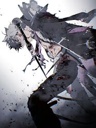  1boy amputee ascot black_coat black_footwear black_pants blood blood_on_clothes blood_on_face blood_on_weapon blue_eyes boots charles-henri_sanson_(fate) coat collared_shirt cuts debris dust_cloud fate/grand_order fate_(series) feet_out_of_frame from_below grey_hair hair_between_eyes highres injury legs_apart long_sleeves looking_ahead male_focus mouth_hold open_clothes open_coat open_shirt pants pink_ascot seiya_ingen shirt short_hair solo standing sweat sword teeth thigh_boots torn_clothes torn_coat torn_pants torn_shirt weapon white_background white_shirt wide-eyed 