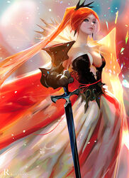  armor blurry blurry_background breasts cleavage collarbone english_commentary female gauntlets holding holding_sword holding_weapon large_breasts lips long_hair looking_at_viewer orange_hair orange_theme original red_theme ross_tran sideboob solo sword underboob weapon 