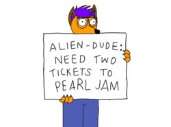  anthro canid canine clothed clothing digital_media_(artwork) draw_over english_text eyewear fur glasses hair holding_object holding_sign male mammal pearl_jam sign simple_background solo text the_simpsons white_background 