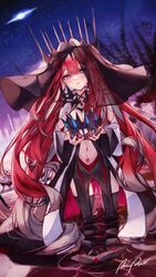  absurdres baobhan_sith_(fate) black_thighhighs breasts cleavage clothing_cutout cosplay crown fate/grand_order fate_(series) female grey_eyes highres large_breasts long_hair looking_at_viewer making-of_available morgan_le_fay_(fate) morgan_le_fay_(fate)_(cosplay) navel navel_cutout pink_hair pointy_ears solo spica/kanade stomach_tattoo tattoo thighhighs tiara veil very_long_hair 