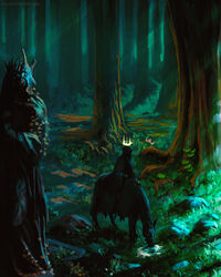  1boy anatofinnstark artist_name black_cloak cloak crown floating floating_object forest glowing glowing_eye grass hood hood_up hooded_cloak horse lord_of_the_rings nature nazgul night outdoors red_eyes riding scenery sitting statue tree 