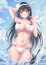  absurdres arm_behind_head arm_up ass_visible_through_thighs bikini black_hair blue_sky blush breasts chinese_commentary cleavage closed_mouth cloud cloudy_sky commentary_request cowboy_shot day female flower front-tie_bikini_top front-tie_top girls&#039;_frontline gun hair_flower hair_ornament hairband halterneck highres kallen_ayase large_breasts light_smile long_hair looking_at_viewer navel outdoors side-tie_bikini_bottom sky solo splashing standing swimsuit thigh_gap type_95_(girls&#039;_frontline) type_95_(summer_cicada)_(girls&#039;_frontline) very_long_hair wading water water_drop weapon white_bikini white_flower white_hairband yellow_eyes 