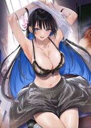  armpits arms_up black_bra black_hair blue_eyes blue_hair blush bra breasts cleavage colored_inner_hair female grey_skirt hair_ornament highres houkago_wa_kenka_saikyou_no_gyaru_ni_tsurekomareru_seikatsu kakao_(chocolate_land) large_breasts long_hair looking_at_viewer momozono_haruno multicolored_hair navel official_art open_mouth raised_eyebrows second-party_source shirt sitting skirt smile solo striped_clothes striped_skirt two-tone_hair underwear undressing vertical-striped_clothes vertical-striped_skirt white_shirt 