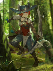  1boy androgynous animal_ears blue_eyes blue_headwear bow_(weapon) brown_gloves choker elbow_gloves forest full_body gloves grass highres holding holding_bow_(weapon) holding_weapon male_focus nature original outdoors ponytail quiver rabbit_ears red_hair solo weapon zavir 