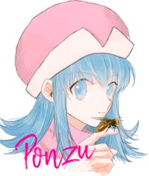  0waaa animal_on_hand bee blue_eyes blue_hair bug character_name cropped_shoulders eyebrows female hat hunter_x_hunter long_hair looking_at_viewer pink_hat ponzu simple_background solo white_background 