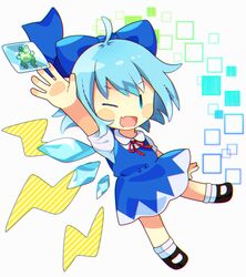  0mzum1 animal arm_up black_footwear blue_bow blue_dress blue_eyes blue_hair blush bow bowtie chibi cirno collared_shirt dress female flying frog frozen_frog hand_up ice ice_wings lightning looking_at_viewer one-hour_drawing_challenge one_eye_closed open_mouth puffy_short_sleeves puffy_sleeves red_bow red_bowtie shirt shoes short_hair short_sleeves smile socks solo square touhou white_background white_shirt white_socks wings 