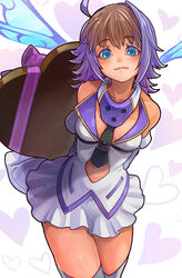  ahoge blue_eyes box breasts brown_hair clothing_cutout commentary_request cowboy_shot detached_sleeves dyed_bangs echo_(mff) fairy fairy_wings female final_fantasy heart heart-shaped_box heart_background highres mobius_final_fantasy multicolored_hair navel_cutout necktie payu_(pyms11) photoshop_(medium) purple_hair skirt small_breasts solo thighhighs two-tone_hair white_skirt wings 