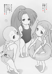  3girls ass bow braid elle_mel_martha fujibayashi_suzu greyscale hair_ribbon hairbow innertube kiikii_(kitsukedokoro) looking_at_viewer monochrome multiple_girls one-piece_swimsuit patty_fleur ponytail ribbon school_swimsuit swimsuit tales_of_(series) tales_of_phantasia tales_of_vesperia tales_of_xillia tales_of_xillia_2 translated twin_braids twintails 