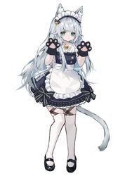  alternate_costume animal_ear_fluff animal_ears apron arknights bangs cat_ears cat_girl cat_tail claw_pose enmaided female highres long_hair maid maid_day maid_headdress mary_janes riinougat rosmontis_(arknights) shoes solo tail thigh_strap thighhighs white_hair 