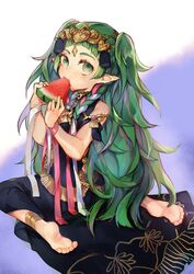  anklet barefoot braid commentary_request eating feet female fire_emblem fire_emblem:_three_houses food fruit full_body green_eyes green_hair hair_ornament hair_ribbon highres jewelry long_hair looking_back motoaki pointy_ears ribbon ribbon_braid side_braid sitting soles solo sothis_(fire_emblem) tiara toes twin_braids watermelon 