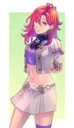  arms_behind_back commentary_request cowboy_shot crop_top female fire_emblem fire_emblem:_three_houses garreg_mach_monastery_uniform hair_between_eyes hapi_(fire_emblem) highres jacket long_hair looking_at_viewer midriff miniskirt navel open_clothes open_jacket partial_commentary pink_eyes purple_shirt purple_thighhighs red_hair riou_(pooh920) shirt single_thighhigh skirt skirt_set solo standing stomach thighhighs white_jacket white_skirt 