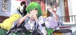  1boy ashford_academy_school_uniform ass bad_id bad_twitter_id bedroom black_hair breast_rest breasts c.c. code_geass code_geass:_genesic_re;code commentary_request crossed_ankles feet feet_up female green_hair head_rest highres legs_together lelouch_vi_britannia looking_at_viewer lying official_art on_stomach school_uniform skin_tight skindentation solo_focus the_pose whoopin yellow_eyes 