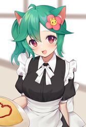  :d ahoge animal_ears asahi_yu0604 blurry blurry_background blush commentary english_commentary female food green_hair hair_between_eyes hair_ornament highres indie_virtual_youtuber jewelry long_hair looking_at_viewer maid necklace omelet omurice pink_eyes rosedoodle_(vtuber) second-party_source side_ponytail smile solo upper_body virtual_youtuber 