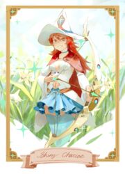  absurdres blue_choker blue_legwear blue_skirt bow_(weapon) breasts brown_hair cape card character_name choker commentary_request detached_sleeves female flower hat highres holding holding_bow_(weapon) holding_weapon little_witch_academia medium_breasts navel outdoors red_cape red_eyes shiny_chariot skirt smile solo standing weapon white_hat witch_hat zavir 