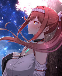  absurdres bare_shoulders blush breasts cherry_blossoms chest_jewel cleavage commentary core_crystal_(xenoblade) criss-cross_halter detached_sleeves female fingerless_gloves glimmer_(xenoblade) gloves halterneck high_ponytail highres japanese_clothes kimono large_breasts long_hair mebi_il night night_sky petals ponytail red_hair sash sky solo star_(sky) starry_sky swept_bangs tree white_kimono wide_sleeves xenoblade_chronicles_(series) xenoblade_chronicles_3 xenoblade_chronicles_3:_future_redeemed 