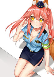  :3 animal_ear_fluff animal_ears arm_support armband belt belt_buckle black_belt blue_hat blue_shirt blue_skirt blush breasts buckle cleavage closed_mouth collarbone collared_shirt commentary_request dress_shirt fate/extra fate_(series) female floating_hair fox_ears fox_tail from_above hair_between_eyes hat highres long_hair looking_at_viewer looking_up medium_breasts miniskirt nail_polish naonaoko no_bra official_alternate_costume pencil_skirt pink_hair pink_nails police police_hat police_uniform policewoman shirt short_sleeves side_slit sitting skirt solo tail tamamo_(fate) tamamo_no_mae_(fate/extra) tamamo_no_mae_(police_fox)_(fate) thigh_gap twintails twirling_hair uniform white_background wing_collar yellow_eyes 