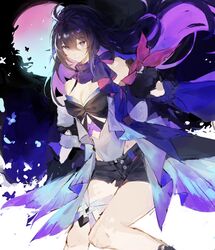  black_background black_hair black_shirt black_shorts blue_background blue_moon breasts cleavage closed_mouth colored_inner_hair denim denim_shorts female full_moon highres honkai:_star_rail honkai_(series) long_hair moon multicolored_background multicolored_hair multicolored_moon purple_eyes purple_hair purple_moon seele_(honkai:_star_rail) shirt shorts solo white_background xu_carman 