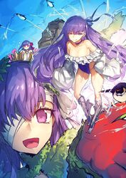  3girls bandage_over_one_eye bird blue_eyes breasts choker claws commentary_request covered_navel fate/grand_order fate_(series) giant giantess hair_ribbon highres horns jealous kingprotea_(fate) kingprotea_(second_ascension)_(fate) large_breasts melon22 meltryllis_(fate) meltryllis_(swimsuit_lancer)_(fate) meltryllis_(swimsuit_lancer)_(second_ascension)_(fate) multiple_girls passionlip_(fate) passionlip_(third_ascension)_(fate) penguin pink_eyes pout purple_eyes purple_hair ribbon sleeves_past_fingers sleeves_past_wrists small_breasts 