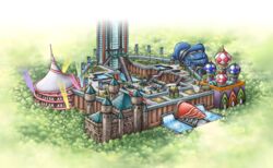  annotated battle_arcade_(pokemon) battle_castle_(pokemon) battle_factory_(pokemon) battle_frontier_(pokemon) battle_hall_(pokemon) battle_tower_(pokemon) building castle day flag forest fountain grass harada_midori nature no_humans official_art pokemon pokemon_dppt pokemon_platinum scenery stairs tower tree wall water 