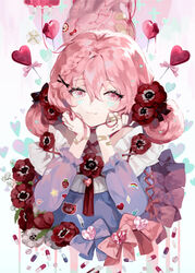  bandaid bandaid_on_cheek bandaid_on_face bow braid commentary facial_mark female flower food frilled_sleeves frills fruit gem hair_ornament hairclip hand_on_own_chin heart hyatsu knife looking_at_viewer original pill pink_bow pink_eyes pink_hair pink_theme poppy_(flower) red_flower side_braid single_braid smile solo sticker strawberry symbol-only_commentary upper_body 