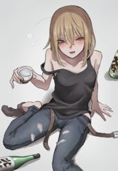  :d aki_(tabao) alcohol bare_shoulders belt belt_buckle black_shirt blonde_hair blue_eyes blue_pants blush breasts brown_belt brown_socks bubble buckle collarbone commentary_request crossed_bangs cup denim double-parted_bangs female from_above hair_between_eyes half-closed_eyes highres holding holding_cup jeans long_hair looking_at_viewer looking_up mole mole_under_eye one_eye_closed open_belt open_mouth original pants partially_undressed self-harm self-harm_scar shirt simple_background sitting smile socks solo strap_slip tabao undershirt wariza white_background 