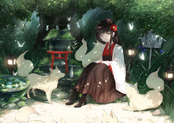  animal black_bow black_footwear black_hair bottle bow breasts brown_eyes brown_skirt bug butterfly closed_mouth commentary_request dappled_sunlight female flower fox glowing glowing_butterfly grass hair_flower hair_ornament hands_on_lap haori high_heels highres japanese_clothes kimono knees_up lantern long_hair looking_at_viewer moss obi original outdoors plant red_flower red_kimono rock sash sena_tea29 shide shrine sign sitting skirt small_breasts solo sunlight tokkuri torii tree water wide_sleeves wooden_lantern 