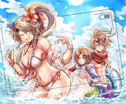  2boys abs blonde_hair blue_eyes breasts brown_hair cleavage closed_mouth cloud eyewear_on_head female flower hair_flower hair_ornament highres johan kyabia long_hair looking_at_viewer meythia multiple_boys navel open_mouth romancing_saga_re;universe saga saga_frontier_2 smile sun sunglasses swimsuit ventarbre water 