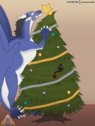  2022 3:4 christmas christmas_tree claws domestic_cat dragon duo felid feline felis feral fur hair hi_res holidays horn inside male mammal mythological_creature mythological_scalie mythology ornament plant prismanoodle_(artist) rykin scalie simple_background smile star tail tinsel tree 