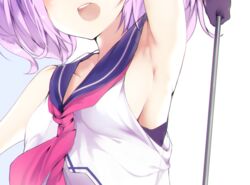  :d armpits arms_up ascot azur_lane bare_shoulders breasts commentary dress female gloves javelin_(azur_lane) long_hair neck_ribbon open_mouth polearm purple_gloves purple_hair purple_sailor_collar ribbon sailor_collar school_uniform serafuku simple_background small_breasts smile solo suwakana weapon 