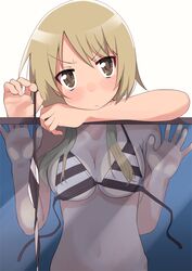  against_glass bikini blonde_hair blue_background blush breasts brown_eyes cleavage closed_mouth collarbone female highres ichii_yui large_breasts looking_at_viewer navel photo_(object) short_hair simple_background solo swimsuit tennosuke_(tejons) unworn_bikini_top upper_body white_background yuyushiki 