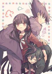  2boys black_hair black_jacket black_pants black_skirt blush brown_hair collarbone danganronpa_(series) danganronpa_v3:_killing_harmony facial_hair female goatee grey_background hair_ornament hair_scrunchie happy harukawa_maki holding_person jacket long_hair looking_at_viewer low_twintails mihan mole mole_under_eye momota_kaito multiple_boys open_mouth pants pink_hair pink_jacket pink_pants plaid plaid_skirt pout red_eyes red_scrunchie red_shirt rocket_print saihara_shuichi scrunchie shirt skirt spiked_hair star_(symbol) striped_clothes striped_jacket striped_pants sweat thighhighs twintails 