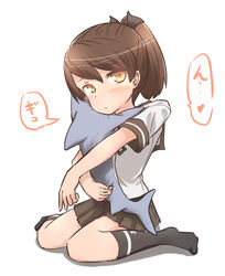  black_socks brown_hair brown_sailor_collar brown_skirt commentary_request female hair_ribbon hugging_doll hugging_object ikea_shark kantai_collection kneehighs looking_at_viewer ponytail ribbon sailor_collar school_uniform serafuku shark shikinami_(kancolle) short_hair short_ponytail simple_background sitting skirt socks solo stuffed_animal stuffed_shark stuffed_toy tiger_(tiger-kimu) wariza white_background 