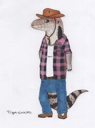  anthro blue-tongued_skink bottomwear clothing cowboy_hat denim denim_bottomwear denim_clothing efradraws hat headgear headwear hi_res jeans lizard male marker_(artwork) pants reptile scalie skink solo traditional_media_(artwork) 