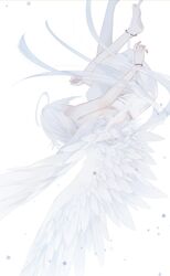  ahoge anklet back bare_shoulders barefoot bracelet dress female floating highres jewelry original protected_link solo straight_hair tsuki_mitsu white_dress white_theme white_wings wings 