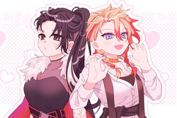  2girls axel_syrios black_hair blonde_hair braid breasts burger_work cleavage fishnet_top fishnets fur_trim genderswap_(mtf) hair_behind_ear highres holostars holostars_english multicolored_hair multiple_girls red_hair rpr rule_63 scarz see-through shirt smile streaked_hair virtual_youtuber 