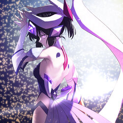  backless_outfit black_hair breasts commentary_request detached_sleeves expressionless female forehead_jewel from_behind glowing glowing_eyes headdress highres hinomoto_madoka kohinata_miku medium_breasts purple_eyes senki_zesshou_symphogear shem-ha solo sparkle_background spoilers 