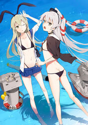  2girls amatsukaze_(kancolle) bikini black_bikini black_hairband black_jacket blonde_hair blue_sailor_collar blue_skirt butt_crack commentary_request flat_chest from_behind grey_eyes grey_hair hair_tubes hairband highleg highleg_bikini highleg_swimsuit highres jacket kantai_collection lifebuoy long_hair looking_at_viewer looking_back microskirt miniskirt multiple_girls muteki_soda ocean one_eye_closed open_clothes open_mouth pleated_skirt rensouhou-chan sailor_collar shimakaze_(kancolle) skirt sparkle standing swim_ring swimsuit torpedo twisted_torso two_side_up wading water white_jacket 