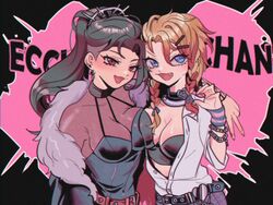  2girls axel_syrios beibeidnkb black_hair black_jacket blonde_hair blue_eyes breasts cleavage fur_trim genderswap_(mtf) hair_behind_ear holostars holostars_english jacket multicolored_hair multiple_girls red_eyes red_hair rpr rule_63 scarz see-through shirt short_hair smile streaked_hair virtual_youtuber 