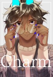  1boy alternate_costume arjuna_(fate) arjuna_alter_(fate) black_eyes brown_hair capelet casual dark-skinned_male dark_skin english_text fabulous fanbook fate/grand_order fate_(series) fuka_(hk_nemo) glasses gloves glowing_horns hair_between_eyes highres horns jewelry looking_at_viewer male_focus nail_polish simple_background solo upper_body vest 