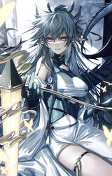  absurdres arknights bare_shoulders black_gloves blue_eyes blue_hair breasts bug butterfly dragon_girl dragon_horns dragon_tail dress earrings female gloves glowing_butterfly highres horns jewelry lantern large_breasts ling_(arknights) ling_(it_does_wash_the_strings)_(arknights) long_hair looking_at_viewer parted_lips pointy_ears senju_yosiyuki sitting skindentation smile solo tail thighlet twitter_username underbust very_long_hair white_dress 